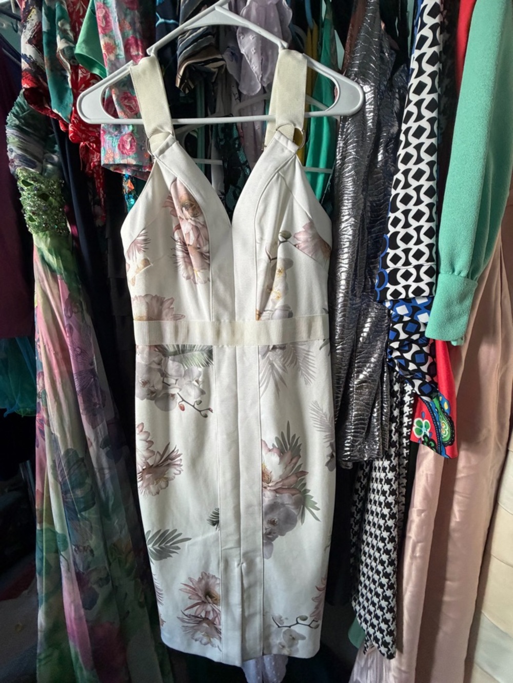 Floral Ivory Halter Sheath Dress